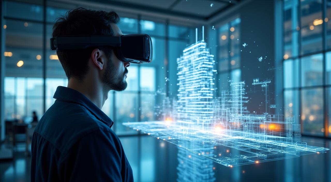 Ein Architekt arbeitet mit einem VR-Headset und digitalen Architekturmodellen in einem modernen Planungsbüro