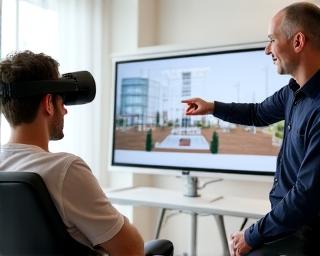 Bauherr mit VR-Headset betrachtet Modell